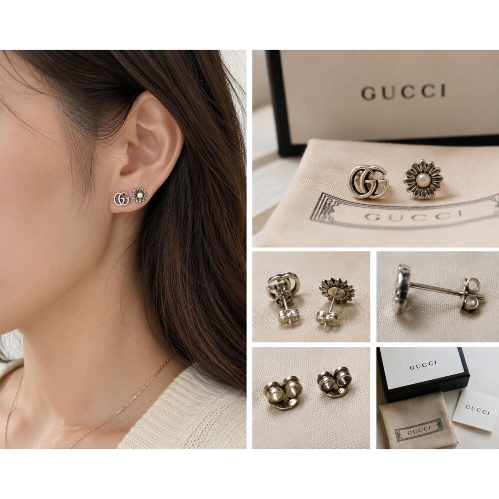 GUCCI Double G Flower Sterling Silver 925 Stud Earrings w/ Box